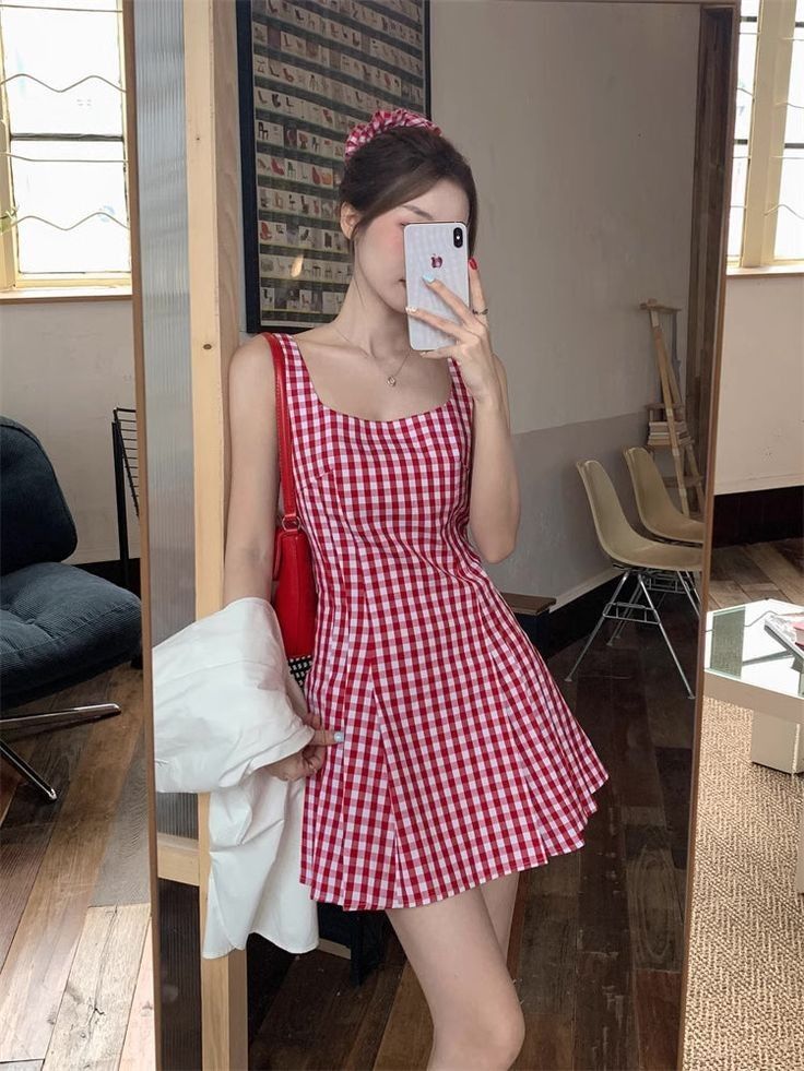 Red checkered suspenders waist slim A-line short skirt homecoming dress R3232