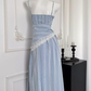 Blue plaid lace slim high-end detachable suspender tube top long dress R0298