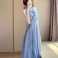 Blue V-neck halter dress for women French gentle temperament holiday style waist A-line long skirt R0427