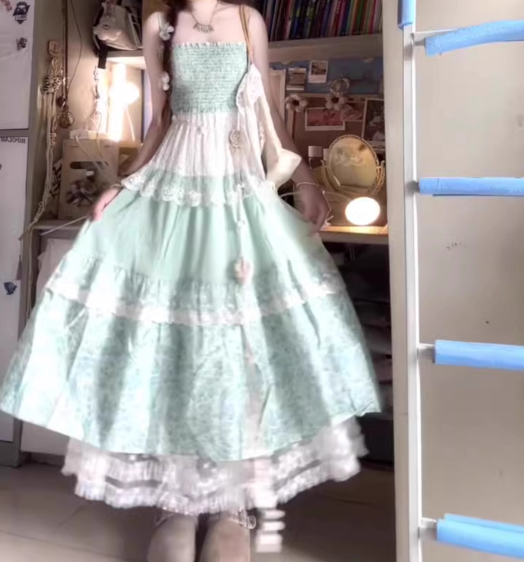 Green fake two-piece floral suspender dress gentle temperament waist A-line long skirt R0692
