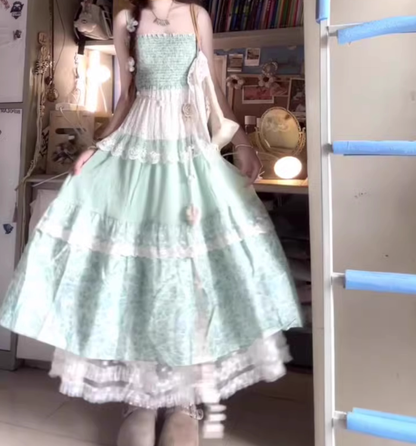 Green fake two-piece floral suspender dress gentle temperament waist A-line long skirt R0692