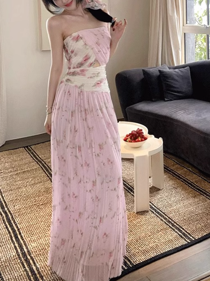 Pure desire style tube top hollow dress 2025 pleated floral holiday long dress R1411