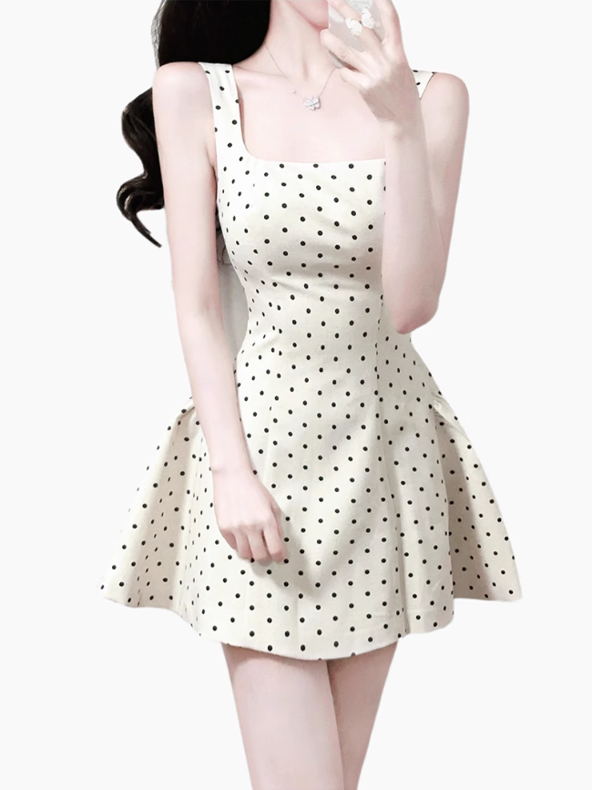 2025 Summer New Apricot Polka Dot Waist Square Neck A-line Short Suspender Dress R0907