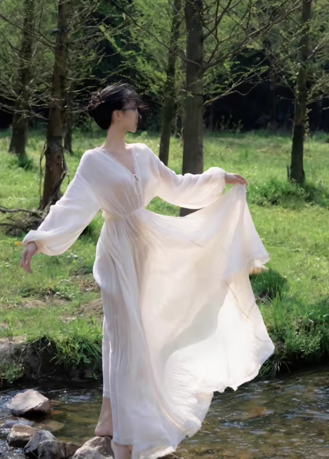 White dress, super fairy temperament chiffon skirt, waist slimming V-neck long sleeve long skirt R1707