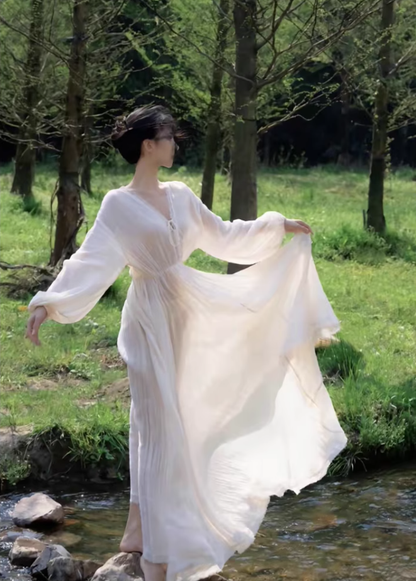 White dress, super fairy temperament chiffon skirt, waist slimming V-neck long sleeve long skirt R1707