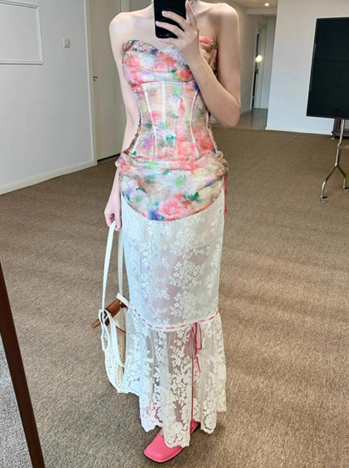 French oil painting style herringbone tube top 2025 lace patchwork skirt suit R1134