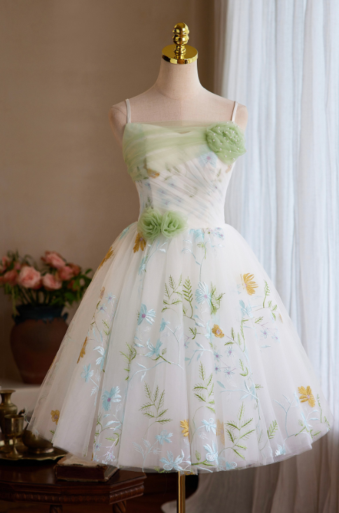 Fresh White Floral A-Line Spaghetti Straps Applique Corset Mini Evening Dress Homecoming Dress RS580