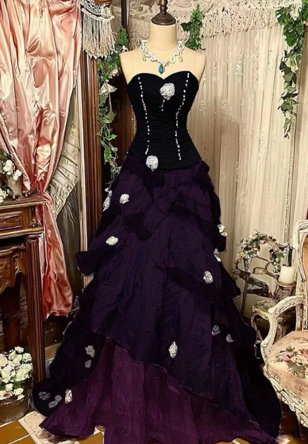 Elegant Purple Prom Dress ,A-Line Sweetheart Applique Corset Maxi Evening Dress RS889