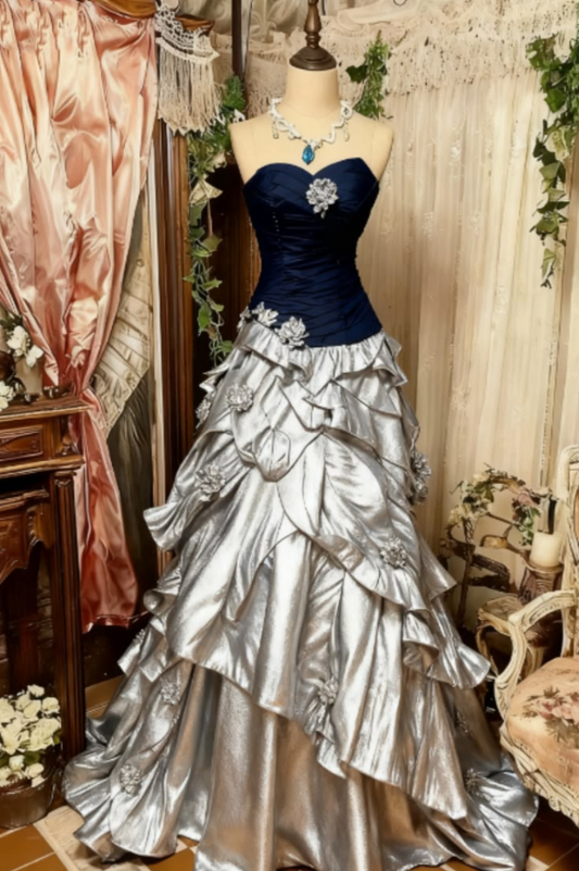 Elegant Sliver Prom Dress ,A-Line Sweetheart Splicing Style Corset Maxi Evening Dress RS890