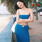 Vacation outfit Klein blue sexy waist-baring tube top slit skirt two-piece suit R1557
