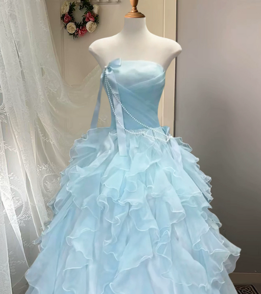 Elegant Pale Blue Prom Dress ,A-Line Strapless Tulle Corset Maxi Evening Dress RS891