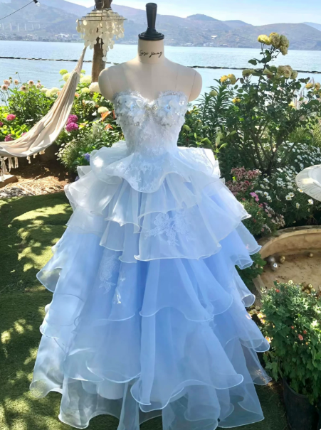 Charming Pale Blue Ruffled Prom Dress ,A-Line Sweetheart Embroidery Corset Maxi Evening Dress RS892