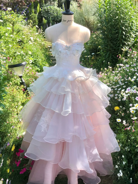 Charming Pink Ruffled Prom Dress ,A-Line Sweetheart Embroidery Corset Maxi Evening Dress RS893