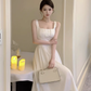 French suspender dress, gentle temperament, waist-length satin square collar, white dress R1524