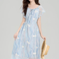 French blue beautiful floral dress new style holiday style waist temperament long skirt R2398