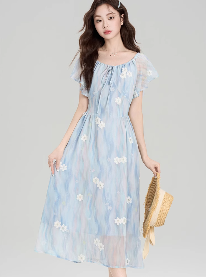 French blue beautiful floral dress new style holiday style waist temperament long skirt R2398