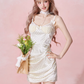Ruffle hem hollow pleated waist retro polka dot suspender dress R5252
