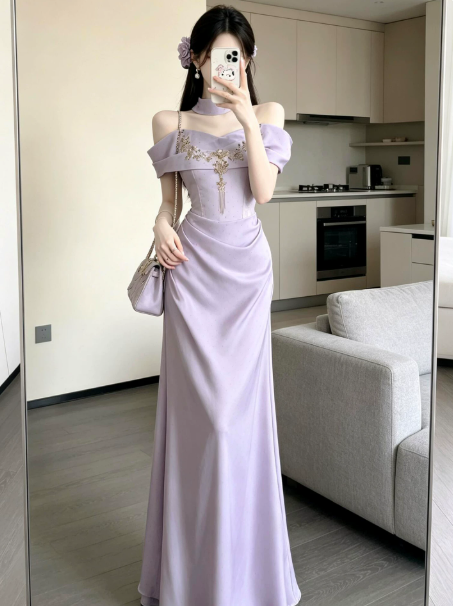 Eelgant Lavender Beaded Prom Dress ,A-Line Bateau Corset Maxi Evening Dress RS894
