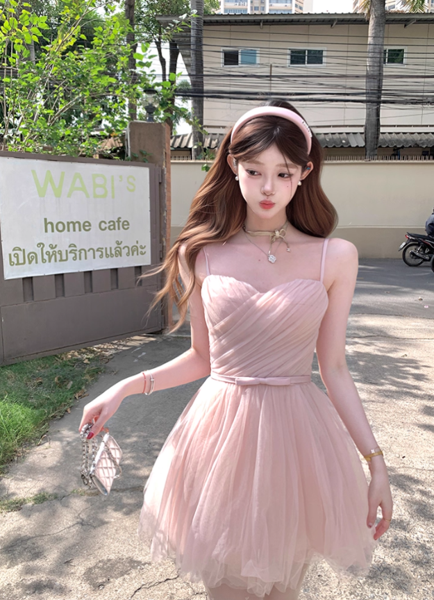 Pink waist chiffon suspender dress for women summer French retro temperament slim skirt R4866
