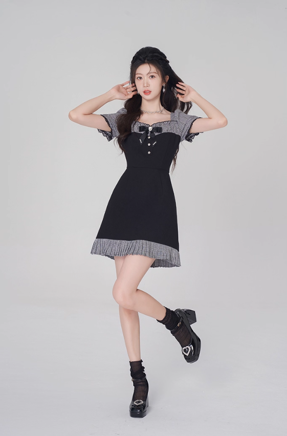 Women's summer square neck high waist straight skirt summer fungus plaid short skirt R4500