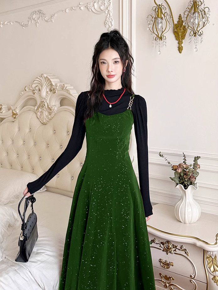 Fairy French retro velvet suspender skirt slim fit waist long skirt dress R1722