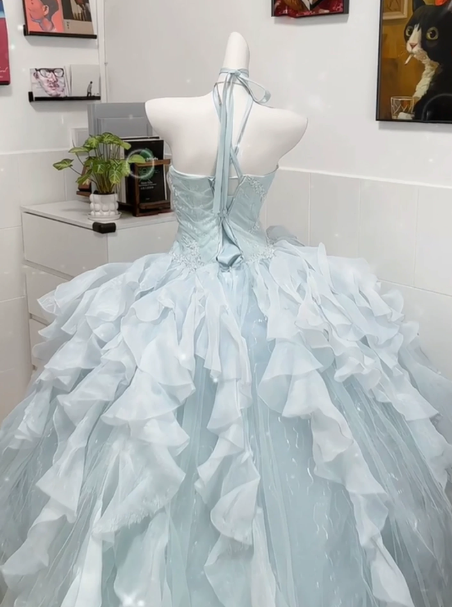 Pretty Pale Blue Quinceanera Dress ,Ball Gown Strapless Tulle Corset Maxi Evening Dress RS895