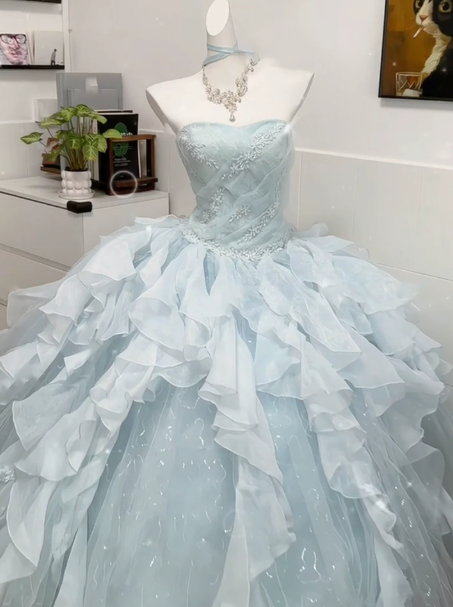 Pretty Pale Blue Quinceanera Dress ,Ball Gown Strapless Tulle Corset Maxi Evening Dress RS895