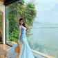 Blue floral suspender dress, elegant waist and hip fishtail skirt R0630