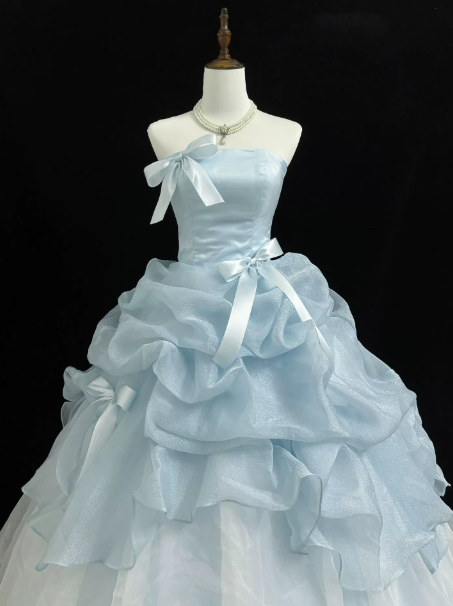 Charming Pale Blue Quinceanera Dress ,Ball Gown Strapless Bow Corset Maxi Evening Dress RS896