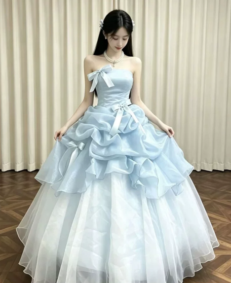 Charming Pale Blue Quinceanera Dress ,Ball Gown Strapless Bow Corset Maxi Evening Dress RS896