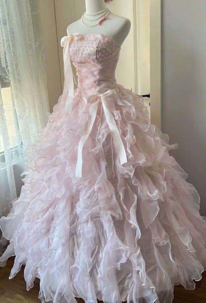 Sweet Pink Quinceanera Dress ,Ball Gown Strapless Bow Corset Maxi Evening Dress RS897