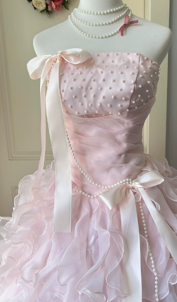 Sweet Pink Quinceanera Dress ,Ball Gown Strapless Bow Corset Maxi Evening Dress RS897