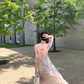 Pink chiffon printed dress for women summer new beautiful slit waist niche long skirt R4263