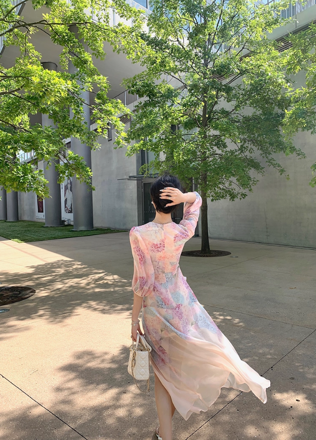 Pink chiffon printed dress for women summer new beautiful slit waist niche long skirt R4263