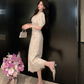 French beige exquisite diamond-studded elegant lace Chanel style long dress R4078