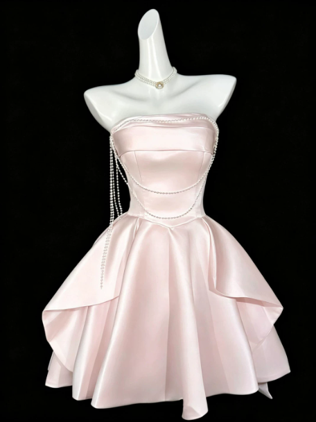 Lovely Pink Beading Homecoming Dress ,A-Line Strapless Corset Short Prom Dress RS901