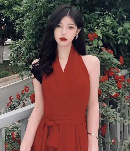 Retro halter neck dress sexy wine red temperament slim high-end dress R1486