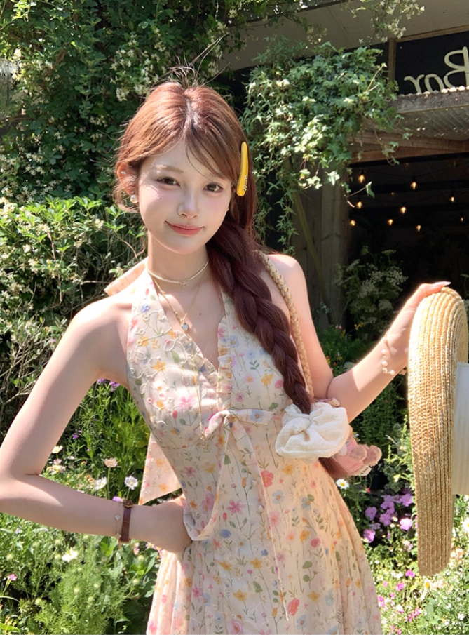 V-neck floral halter neck sleeveless suspender dress summer French pastoral style holiday dress R4664