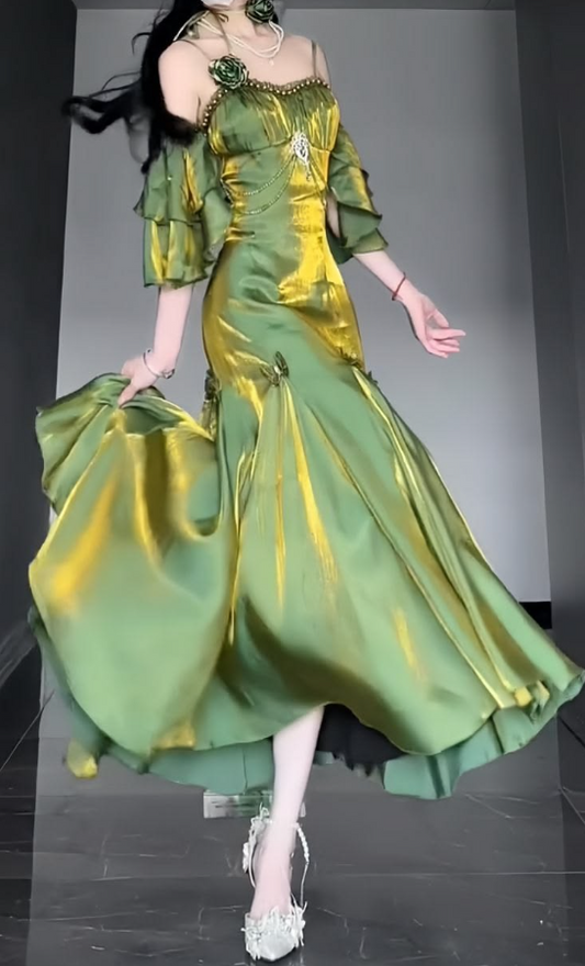 Silky Satin Sparkly Corset Prom Gown , Green Women's Maxi Evening Dress RS2552