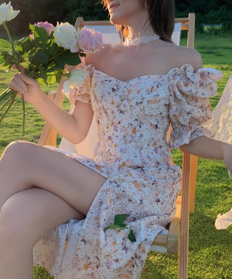 Camellia encounter floral dress holiday style French long skirt R2706