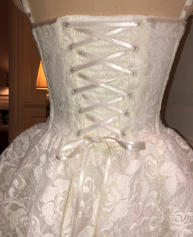 White suspenders waist slim lace skirt slim A-line short skirt homecoming dress R4158