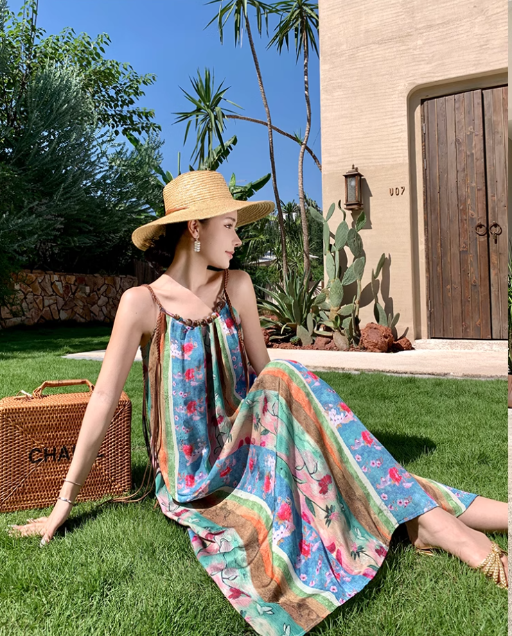Travel wear beach dress retro travel seaside vacation floral suspender dress R1585