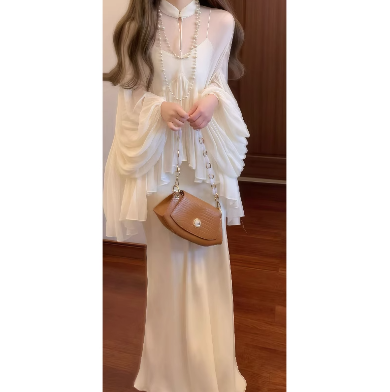 Cool and relaxed suspender dress stand collar top generous and decent two-piece skirt suit R0411