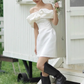 French white one-shoulder simple banquet birthday party short evening dress homecoming dress R2973
