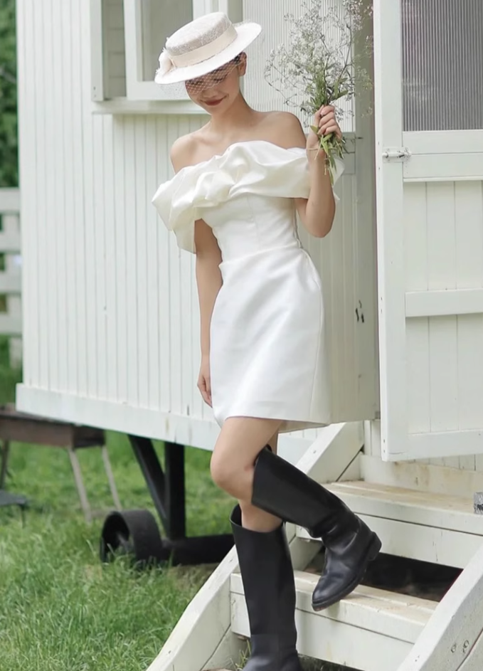 French white one-shoulder simple banquet birthday party short evening dress homecoming dress R2973