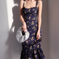 French Slim Sexy Ruffle Edge Floral Dress A-Line Waist Suspender Long Dress R2813