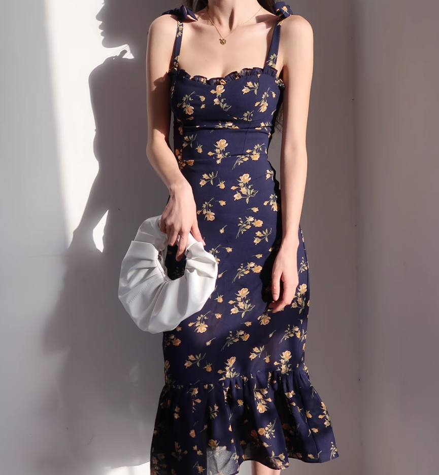 French Slim Sexy Ruffle Edge Floral Dress A-Line Waist Suspender Long Dress R2813