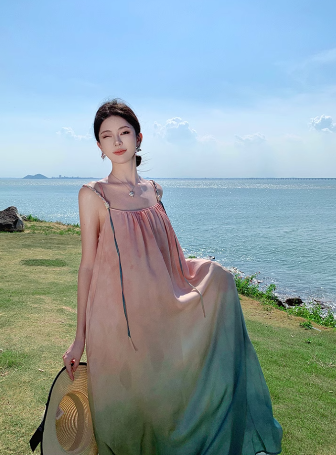 Beach holiday style gradient loose suspender beach dress atmosphere skirt R1580