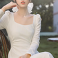 Square collar temperament waist long sleeve dress 2025a gentle long dress R1456
