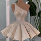 Champagne color asymmetric neckline diamond waist slim princess dress homecoming dress R3543
